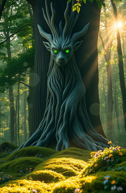 A serene forest scene at dawn, highlighting a majestic and wise-looking guardian spirit, resembling a mix of an ancient tree and a mythical creature