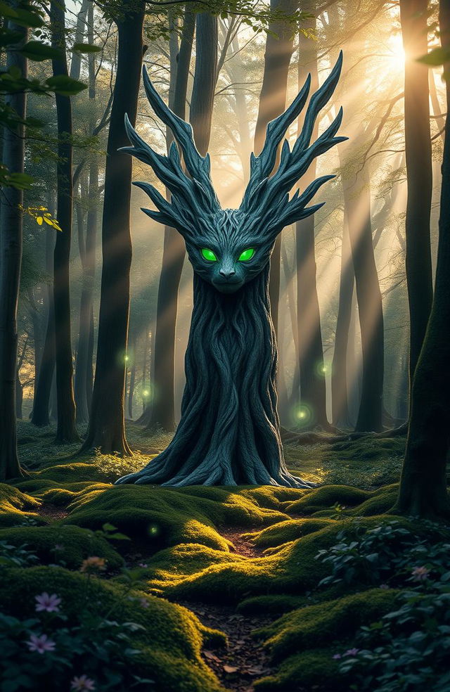 A serene forest scene at dawn, highlighting a majestic and wise-looking guardian spirit, resembling a mix of an ancient tree and a mythical creature