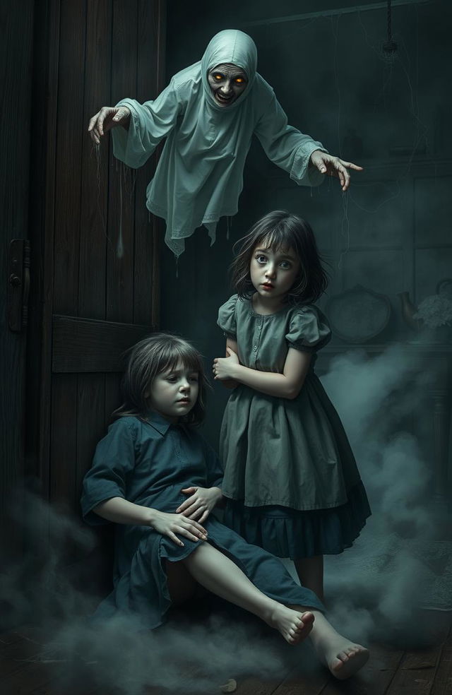 A chilling scene depicting two girls in a dark, eerie setting