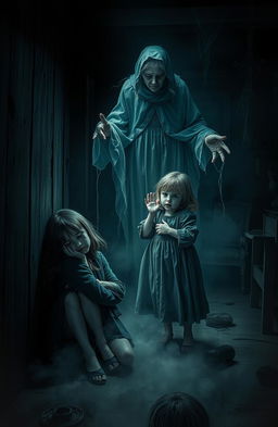 A chilling scene depicting two girls in a dark, eerie setting