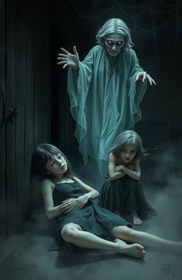 A chilling scene depicting two girls in a dark, eerie setting