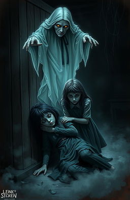 A chilling scene depicting two girls in a dark, eerie setting