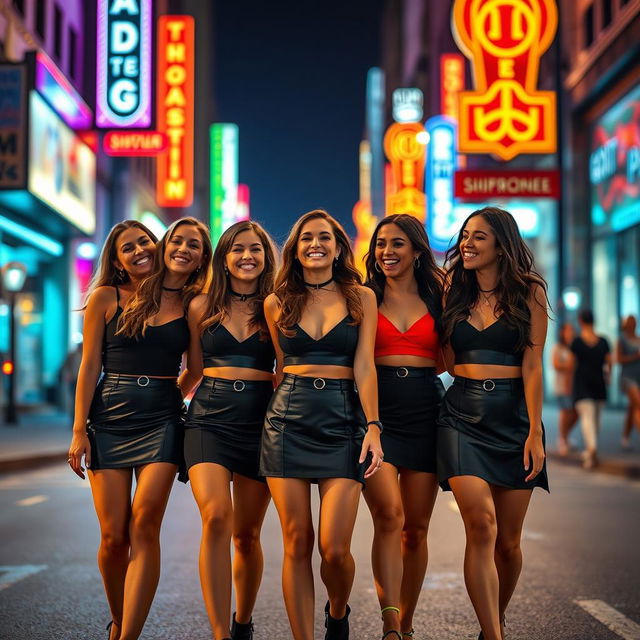 A group of five women, smiling and enjoying a vibrant night out in the city