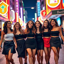 A group of five women, smiling and enjoying a vibrant night out in the city