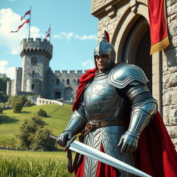 A valiant medieval knight standing guard at a grand castle entrance