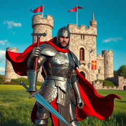 A valiant medieval knight standing guard at a grand castle entrance