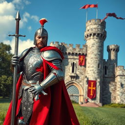 A valiant medieval knight standing guard at a grand castle entrance