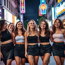 A group of five women, smiling and having a great time during a night out in the city