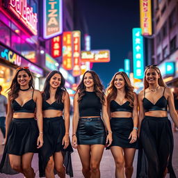 A group of five women, smiling and having a great time during a night out in the city