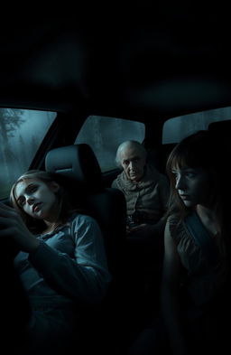 A chilling horror scene depicting two girls in a car, the atmosphere heavy with tension