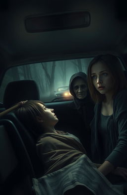 A chilling horror scene depicting two girls in a car, the atmosphere heavy with tension