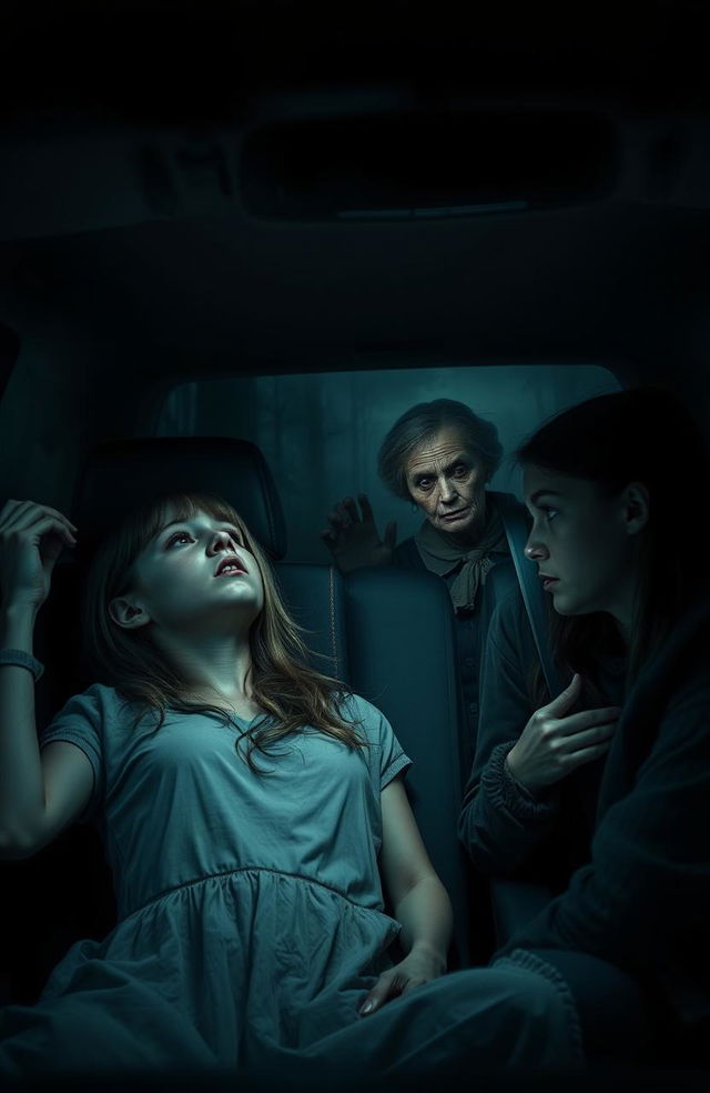 A chilling horror scene depicting two girls in a car, the atmosphere heavy with tension