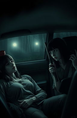 A chilling horror scene depicting two girls in a car, the atmosphere heavy with tension