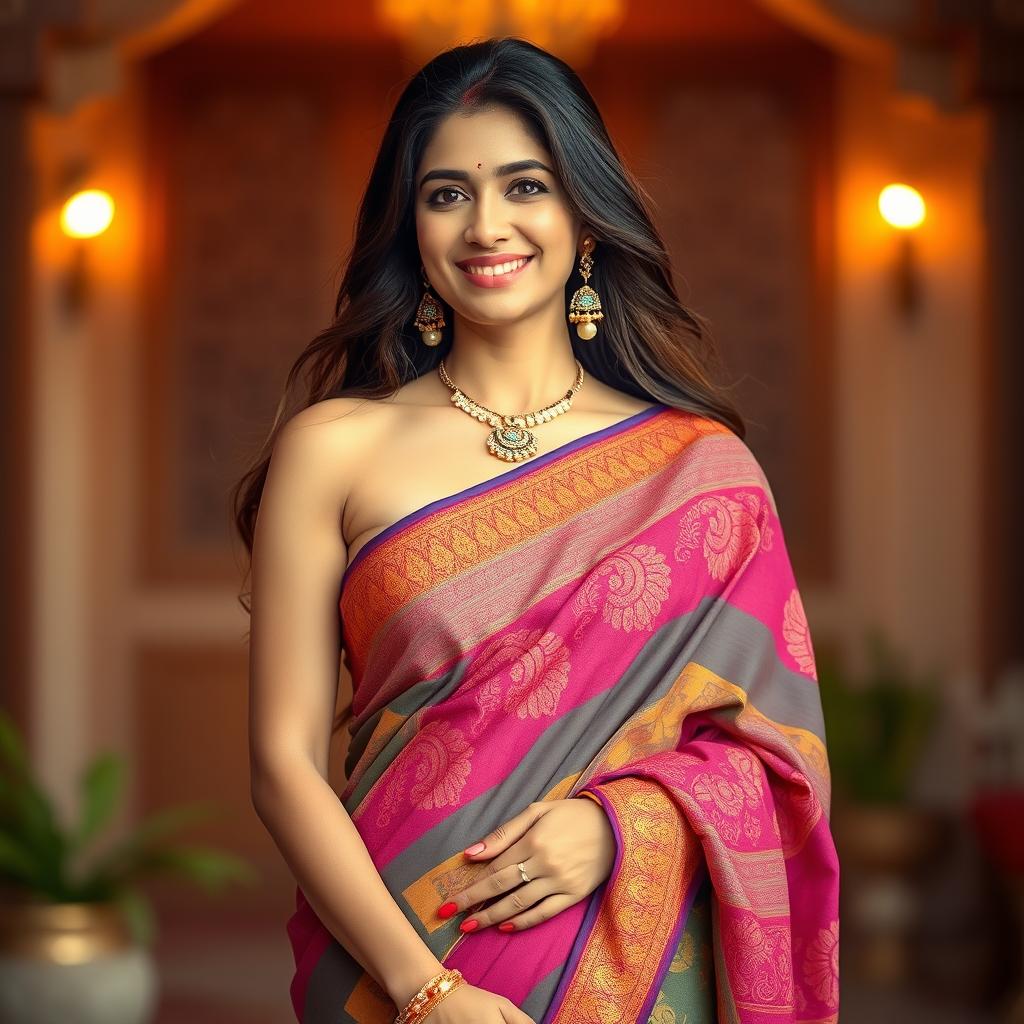 A 40-year-old woman elegantly dressed in a vibrant saree that drapes beautifully, showcasing her curves