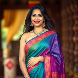 A 40-year-old woman elegantly dressed in a vibrant saree that drapes beautifully, showcasing her curves