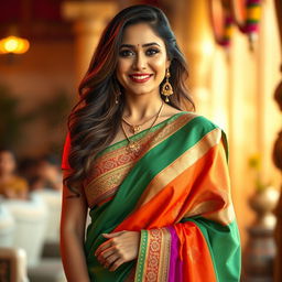 A 40-year-old woman elegantly dressed in a vibrant saree that drapes beautifully, showcasing her curves