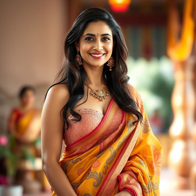 A 40-year-old woman elegantly dressed in a vibrant saree that drapes beautifully, showcasing her curves