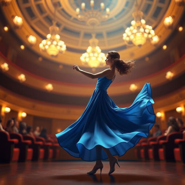 A realistic 3D model of a graceful girl in a flowing blue dress dancing elegantly in a grand concert hall