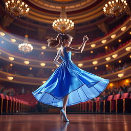 A realistic 3D model of a graceful girl in a flowing blue dress dancing elegantly in a grand concert hall