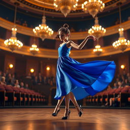 A realistic 3D model of a graceful girl in a flowing blue dress dancing elegantly in a grand concert hall