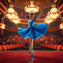 A realistic 3D model of a graceful girl in a flowing blue dress dancing elegantly in a grand concert hall