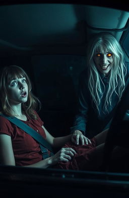 A terrifying scene featuring two girls in a car, one of whom is decapitated, her body slumped lifelessly in the passenger seat with a shocked expression frozen on her face