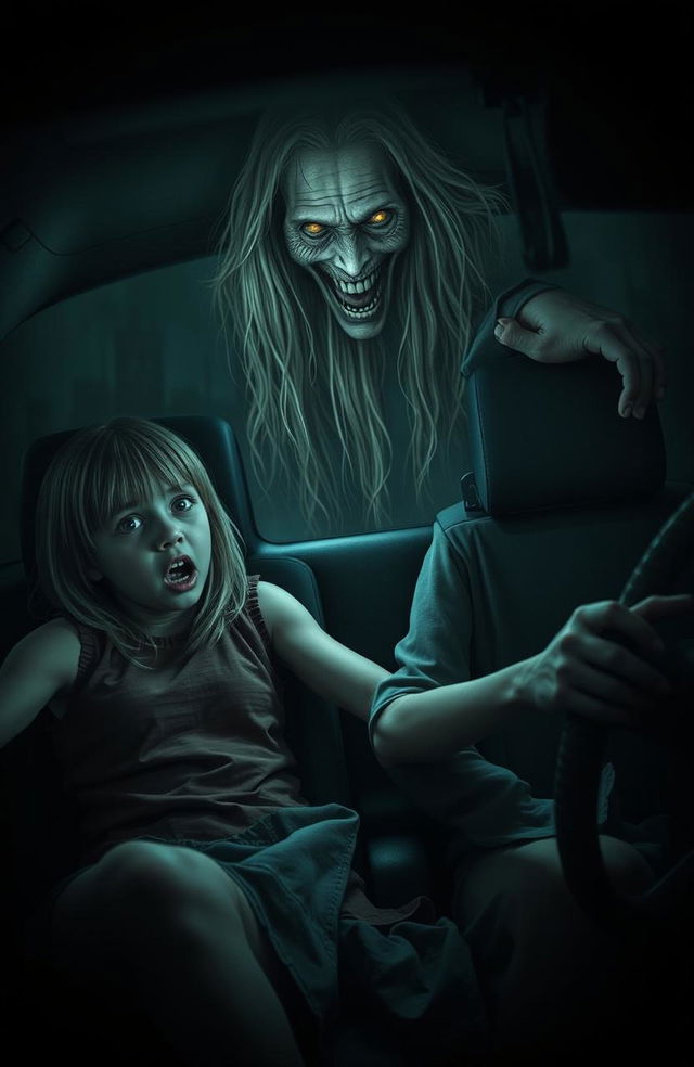 A terrifying scene featuring two girls in a car, one of whom is decapitated, her body slumped lifelessly in the passenger seat with a shocked expression frozen on her face