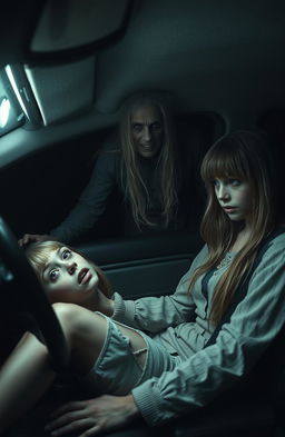 A terrifying scene featuring two girls in a car, one of whom is decapitated, her body slumped lifelessly in the passenger seat with a shocked expression frozen on her face