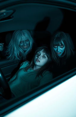 A terrifying scene featuring two girls in a car, one of whom is decapitated, her body slumped lifelessly in the passenger seat with a shocked expression frozen on her face