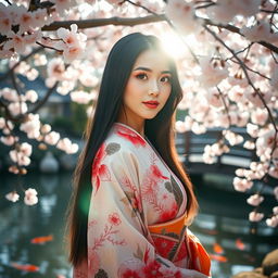 A beautiful Japanese woman with long black hair, wearing a traditional kimono adorned with intricate floral patterns