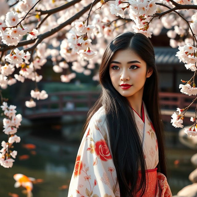 A beautiful Japanese woman with long black hair, wearing a traditional kimono adorned with intricate floral patterns