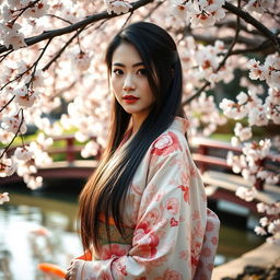 A beautiful Japanese woman with long black hair, wearing a traditional kimono adorned with intricate floral patterns