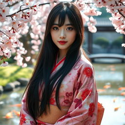 A beautiful Japanese woman with long black hair, wearing a traditional kimono adorned with intricate floral patterns