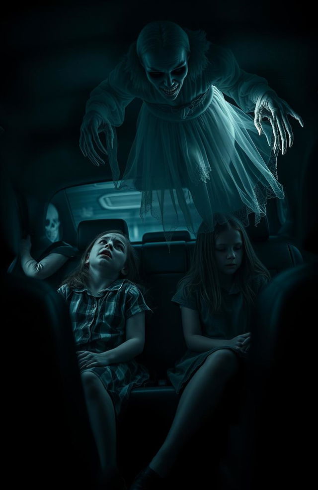 A haunting and eerie scene set inside a dimly lit car