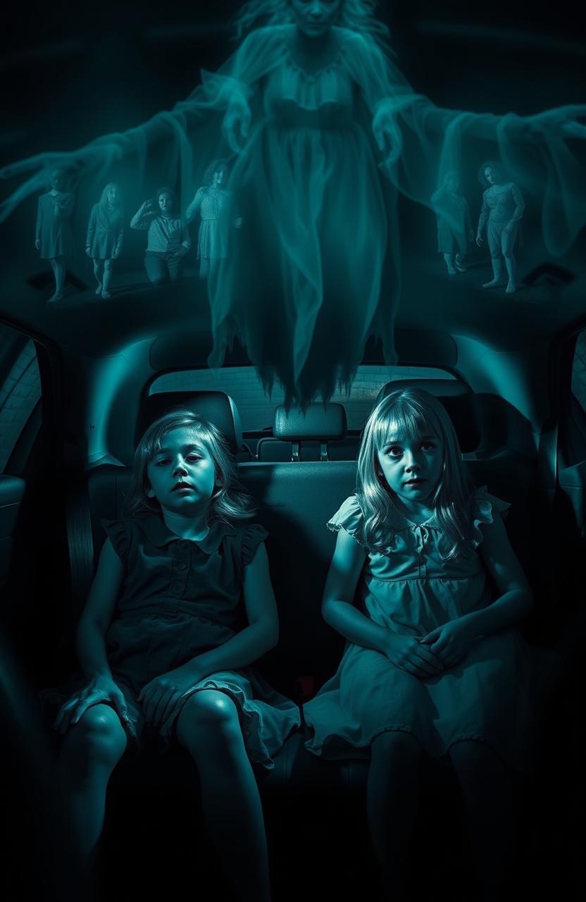 A haunting and eerie scene set inside a dimly lit car