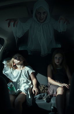 A haunting and eerie scene set inside a dimly lit car