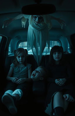 A haunting and eerie scene set inside a dimly lit car