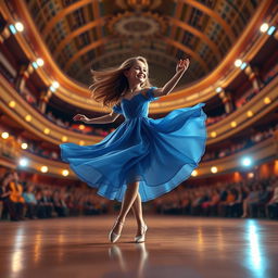 A realistic 3D modeling image suitable for a book cover showing a girl in a flowing blue dress, elegantly dancing in a grand concert hall