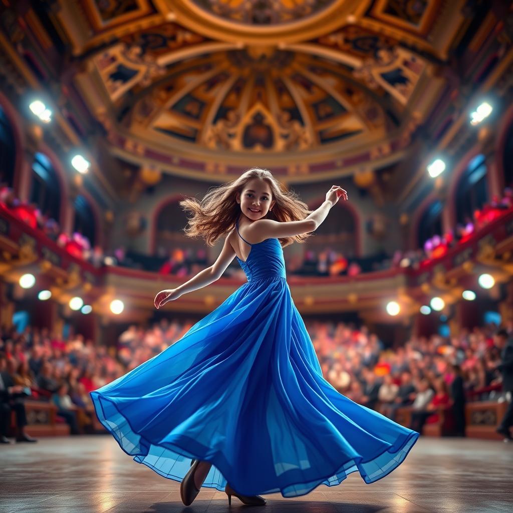 A realistic 3D modeling image suitable for a book cover showing a girl in a flowing blue dress, elegantly dancing in a grand concert hall