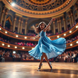 A realistic 3D modeling image suitable for a book cover showing a girl in a flowing blue dress, elegantly dancing in a grand concert hall