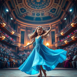 A realistic 3D modeling image suitable for a book cover showing a girl in a flowing blue dress, elegantly dancing in a grand concert hall