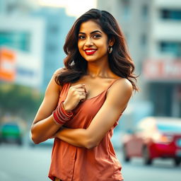 A confident Indian woman wearing a loose tank top that subtly highlights her silhouette, adorned with vibrant red bangles that catch the light