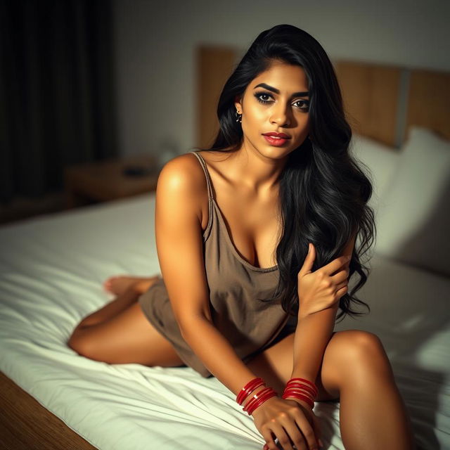 A seductive Indian woman sitting on a neatly made bed, wearing a loose tank top that subtly accentuates her figure