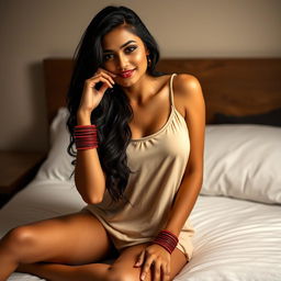 A seductive Indian woman sitting on a neatly made bed, wearing a loose tank top that subtly accentuates her figure