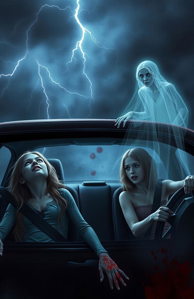 A chilling horror scene depicting two girls in a car