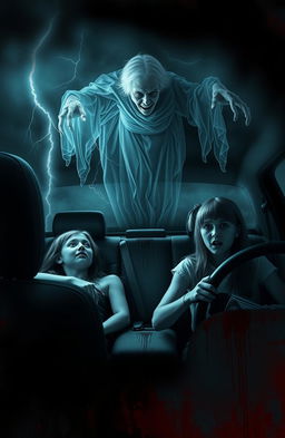 A chilling horror scene depicting two girls in a car