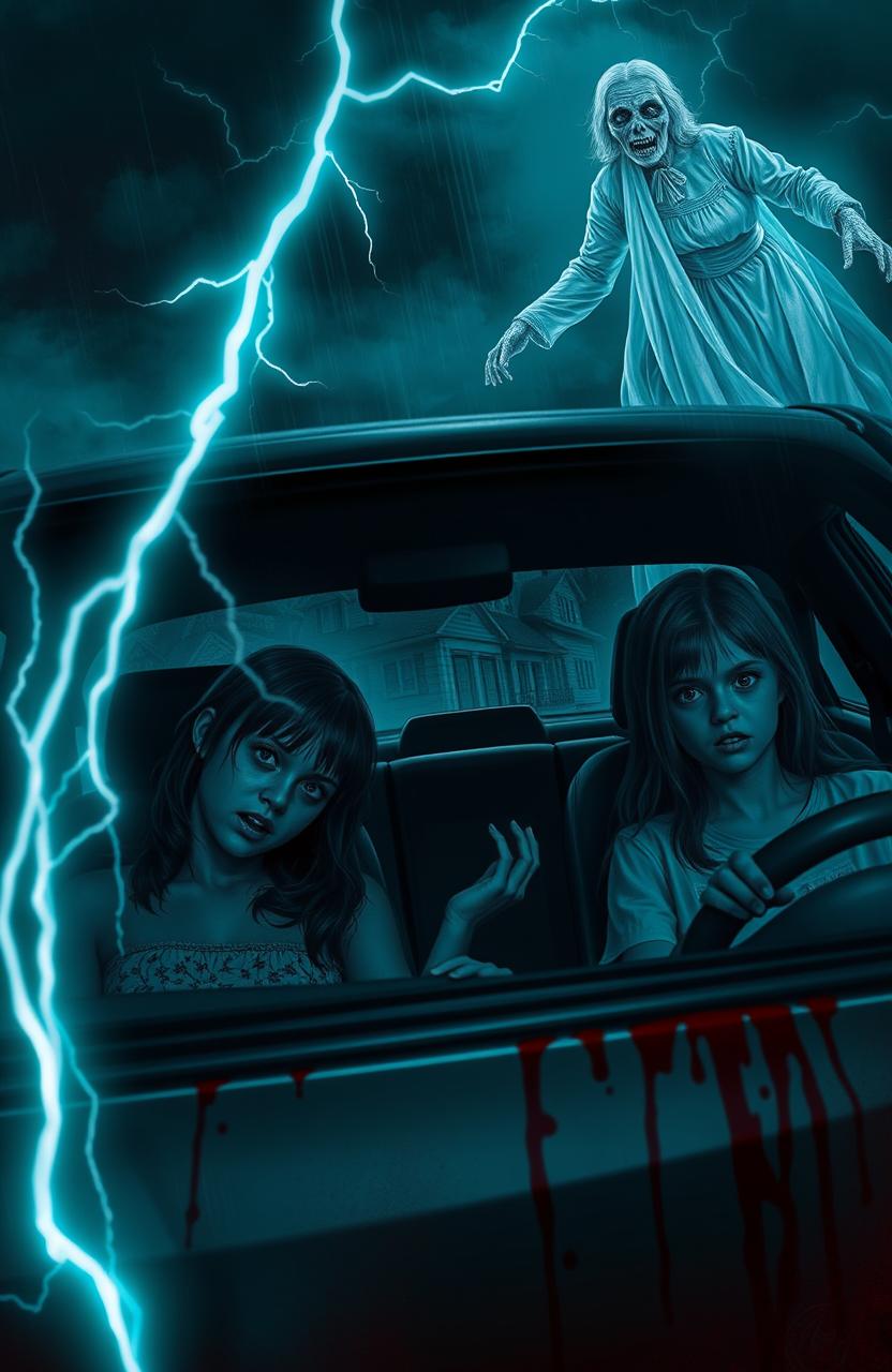 A chilling horror scene depicting two girls in a car