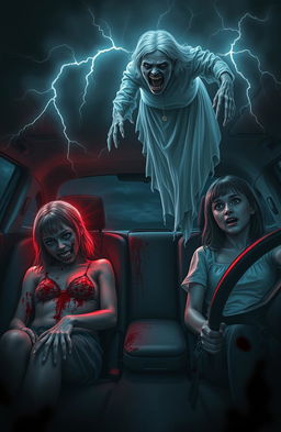 A chilling horror scene depicting two girls in a car
