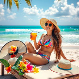 A stunning beach scene featuring a beautiful woman in a colorful bikini, lounging on a sunbed, enjoying a refreshing drink