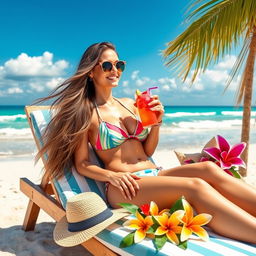 A stunning beach scene featuring a beautiful woman in a colorful bikini, lounging on a sunbed, enjoying a refreshing drink